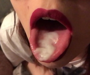 Teen Crimson Lipstick Closeup Blowjob, Cum on Tongue and..