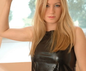 Stellar ash-blonde Kristin in latex lingerie baring puny..
