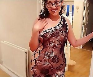 Sexy exhibitionist girl next door in black fishnet body stocking wants cream but gets fucked and oral creampie instead..