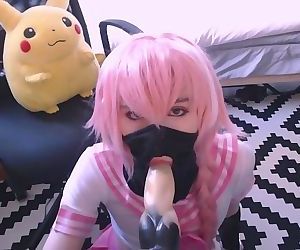 Lewd cosplay slut plays with toys