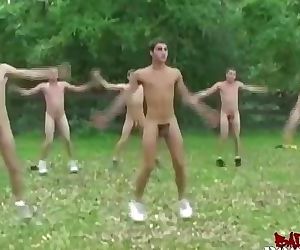 Athletic young men group workout before big cock sucking and handjob