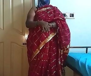 desi indian tamil telugu kannada malayalam hindi horny cheating wife vanitha wearing cherry red colour saree showing..