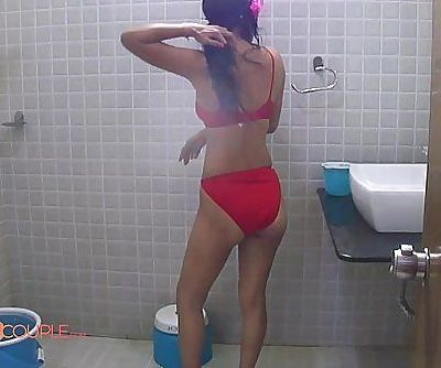 india :Esposa: reenu ducha erótica rojo lencería llegar Desnudo 50 sec hd