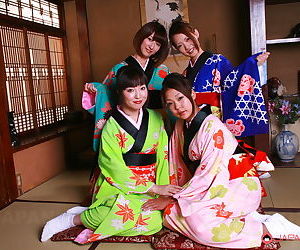 Hot young Japanese models remove their kimonos for raunchy group groping