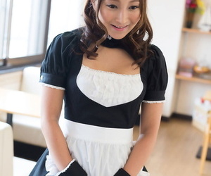 Adorable little Japanese maid chowing down on a cock and getting a mouthful