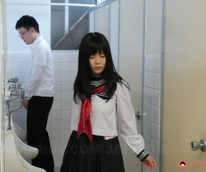 Sexy Japanese teen Sayaka Aishiro giving a gentle blowjob in a public toilet