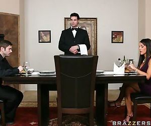 Brave waiter explores the depths of busty brunette Victoria Valentinas pussy