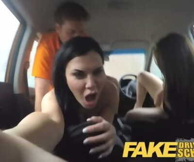 Fake Driving School Threesome with Spoilt Teen in the mean Orange Machine