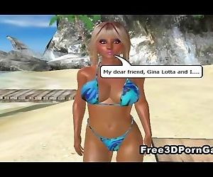 Two 3D cartoon babe sharing a cock on the beach