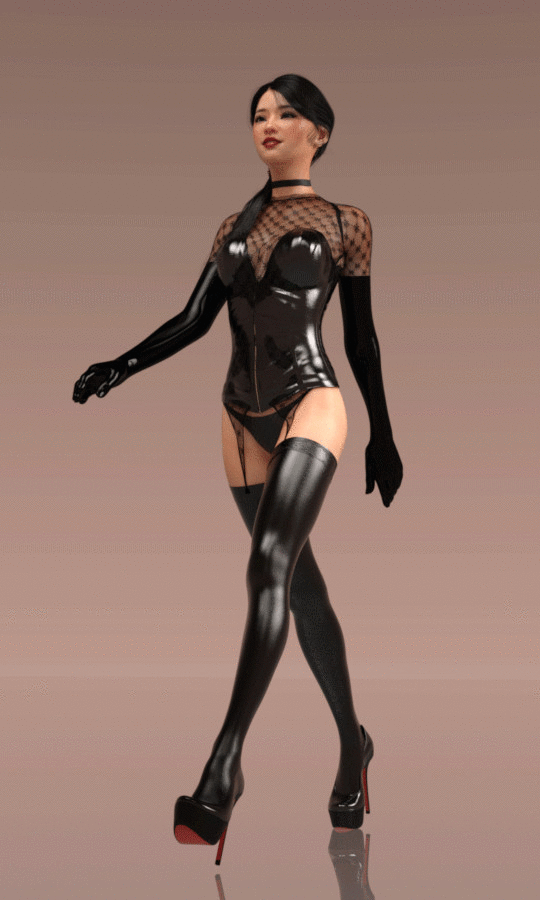 Animated Asian slut strutting in black latex and heels