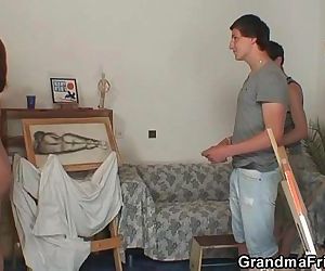 Old granny satisfies 2 youthfull painters