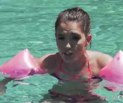 Beautiful Petite Brunette Proves she is Big enough to Swim and Big enough to Fuck a Huge Cock