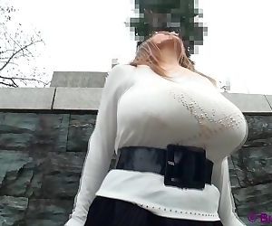 Amateur busty asian with monster big tits posing in public..