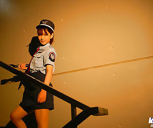 Petite asian girl in uniform slowly uncovering her..