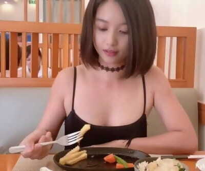 Cute Asian Lady Masturbation Sack of babymakers Ass-plug and Fast Urinate at a Restaurant