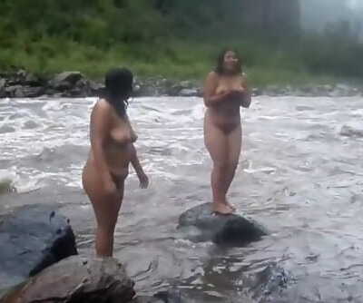 Two Desi Indian MILFs nude tub on river