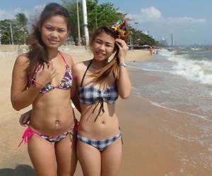 Tasty teenager Thai honeys Bee and Miaw posing at the..