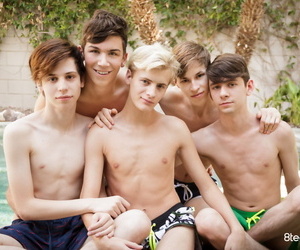 5 fresh swim trunk clothed twinks take a dip in the pool..