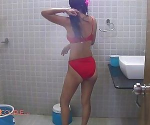 Indian Wife Reenu Shower Erotic Red Lingerie Getting Nude..