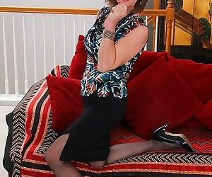 Elle denay horny mom in black stockings strips on a sofa -..
