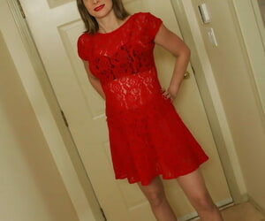 Hot MILF Miss Abigail in red lace dress hot lingerie..